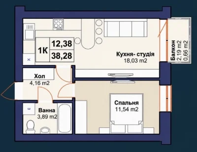 1-room apartment in the center of Bucha, spacious kitchen, city center