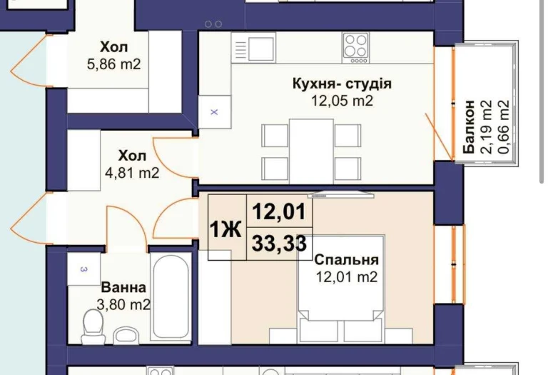 Продаж компактной однокомнатной квартиры (34 м2) с балконом и