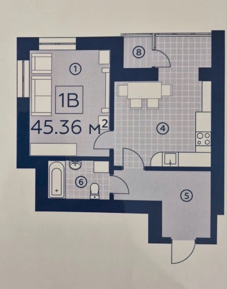 Spacious 1-bedroom apartment with a kitchen of 25m2 and a balcony