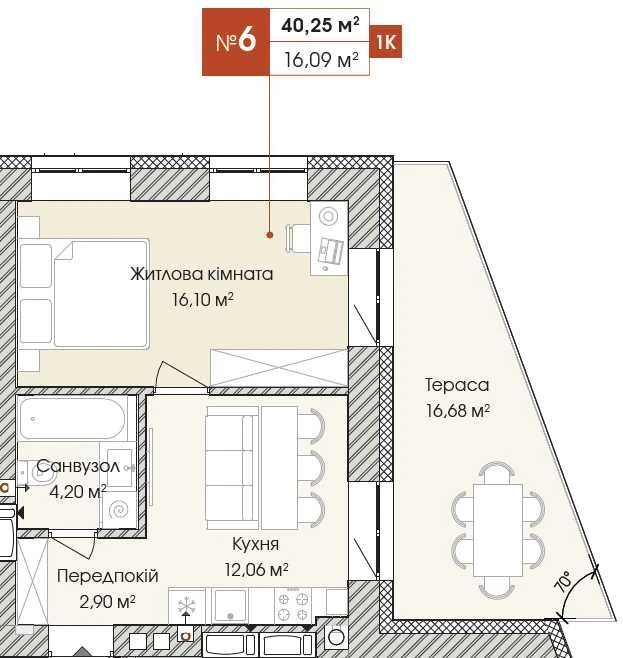 Продаж 1-кімнатного квартири 40,25 м² с балконом 16,68 м² в Ирпене