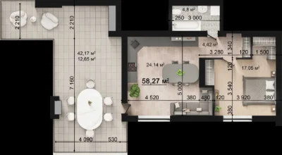 Apartment with a private terrace in a modern residential complex with backup power