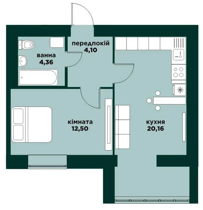 Buchа 1-room apartment with large kitchen 20 sq.m, floor 4, gas