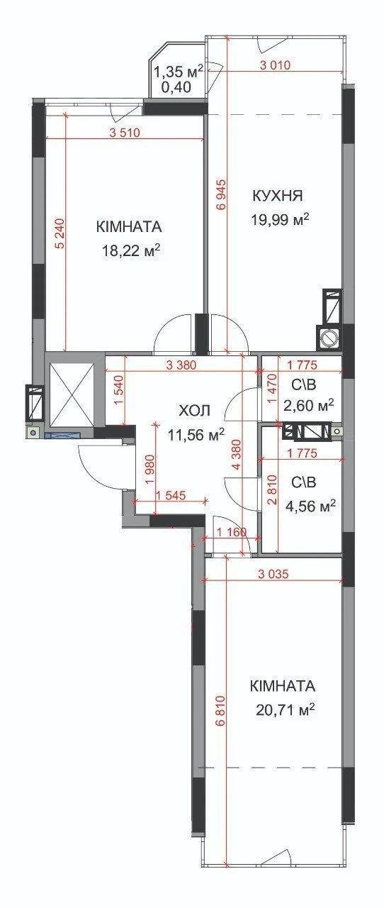 2-room apartment 74 sq. m. ЖК Prorizna, Gostomel
