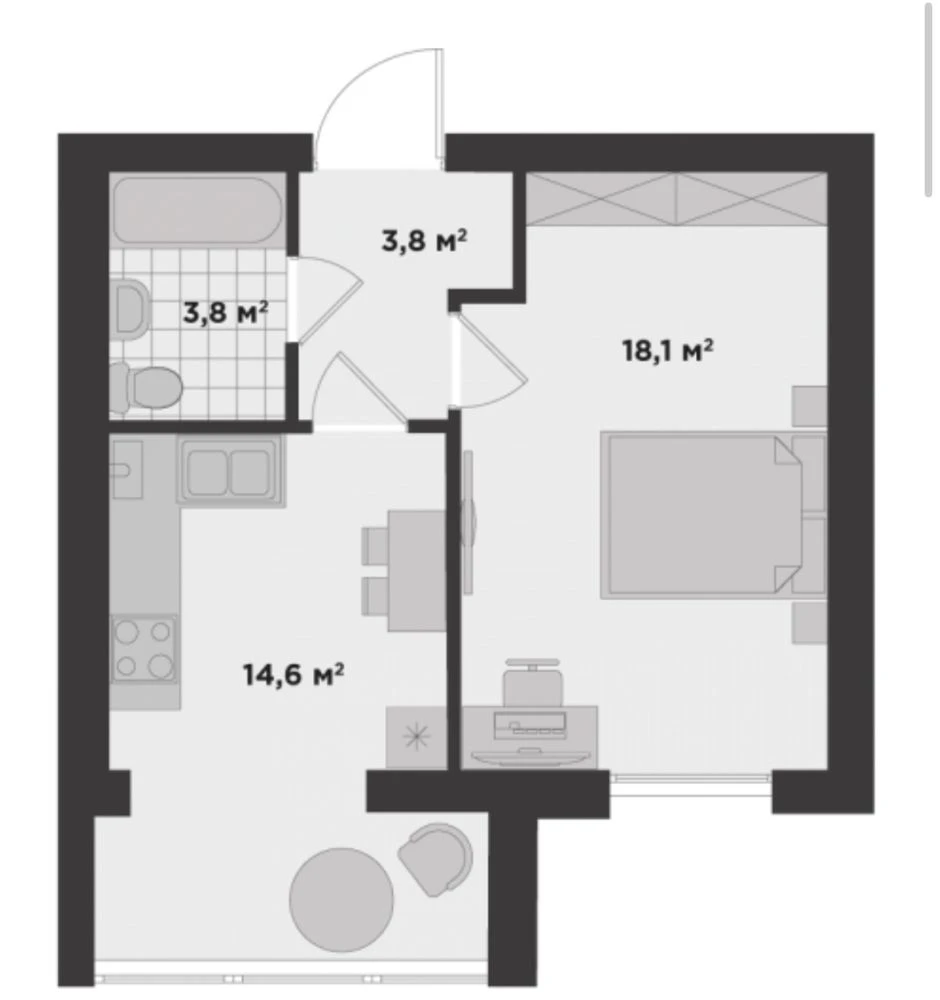 One-bedroom apartment on a low floor, minimal finishing