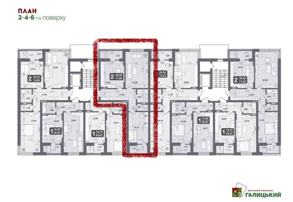 Продається 2-кімнатна квартира площею 72 м² у  ЖК Галицький.