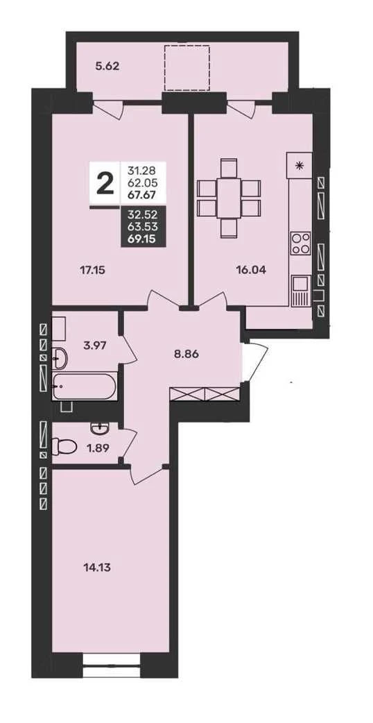 2-room apartment 69.15 m² | Residential complex "Susidy 2" | Vinnytsia | $61