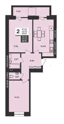 2-room apartment 69.15 m² | Residential complex "Susidy 2" | Vinnytsia | $61