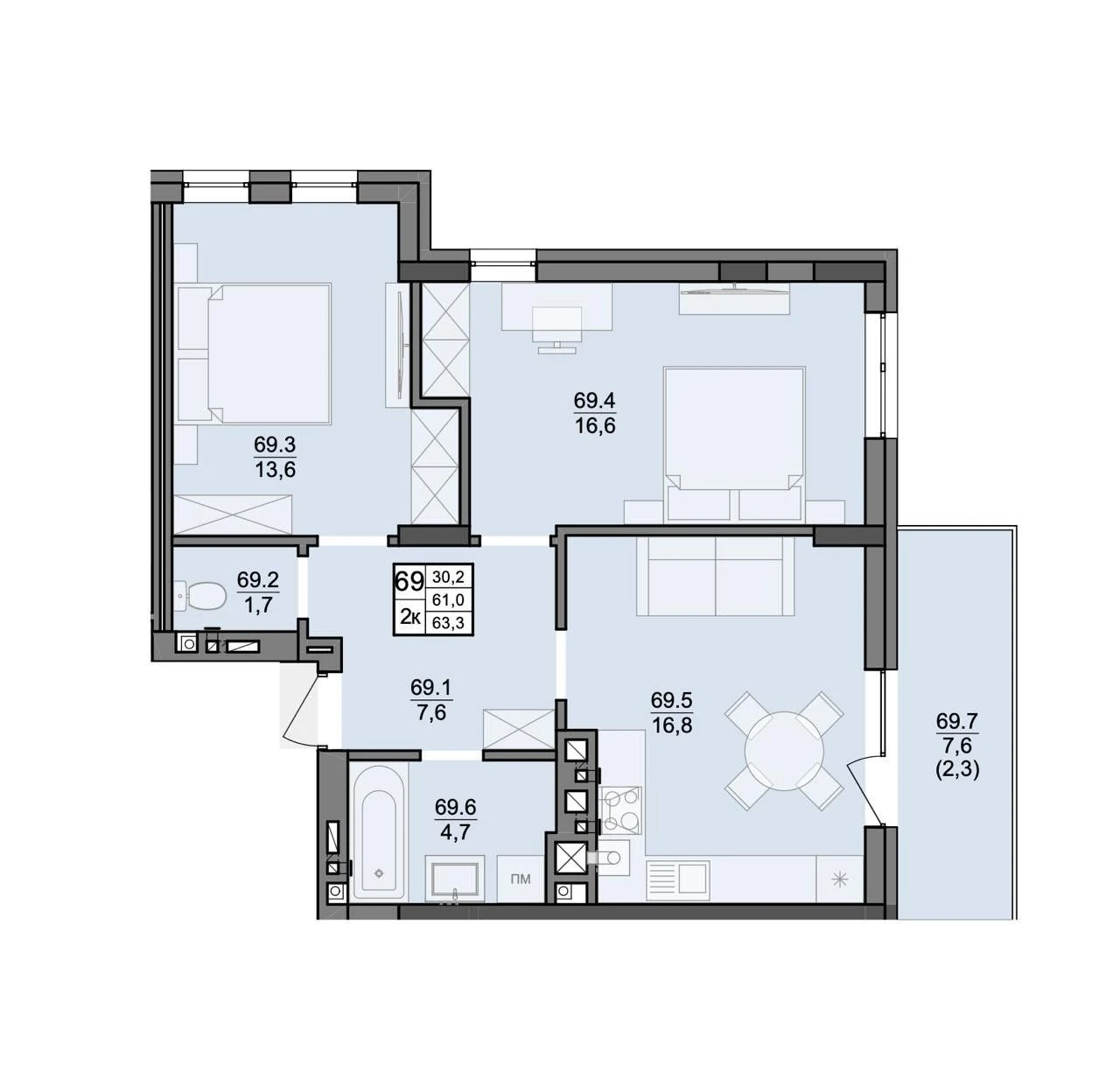 Продаж 2-кім. квартири 63,3 м² з терасою в ЖК Винниківські В