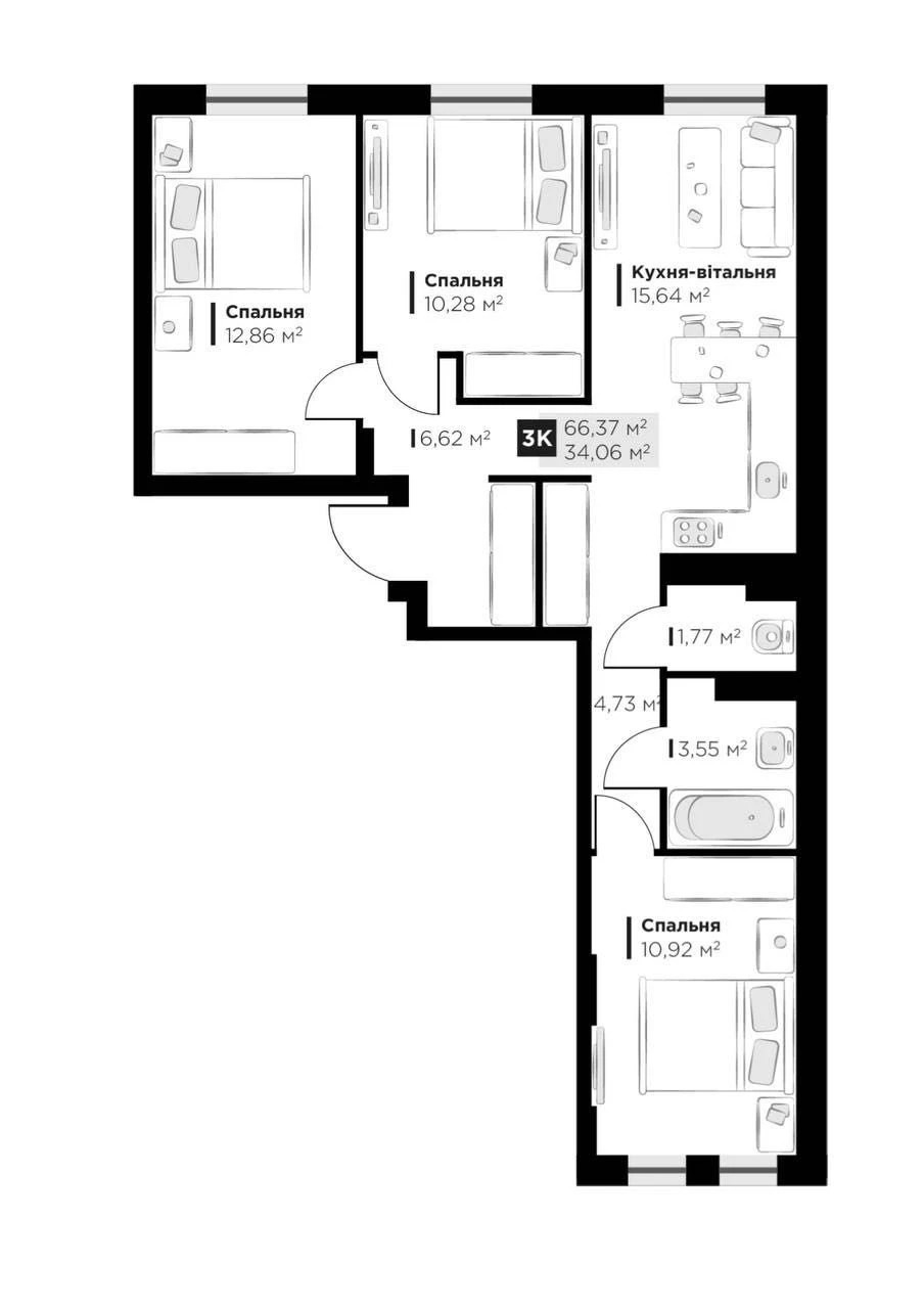 Продаж 3-кім. квартири 66 м²/ЖК Перфект Лайф/Винники/вул. Га