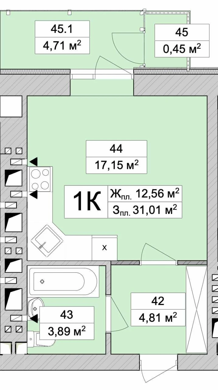Продаж готової 1-кімнатної квартири 31 м.кв. (3 поверх)