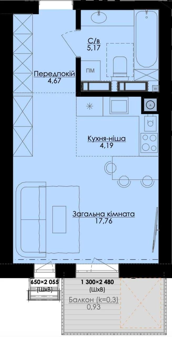 Квартира 32 м.кв. в ЖК Атмосфера Premium РОЗСТРОЧКА