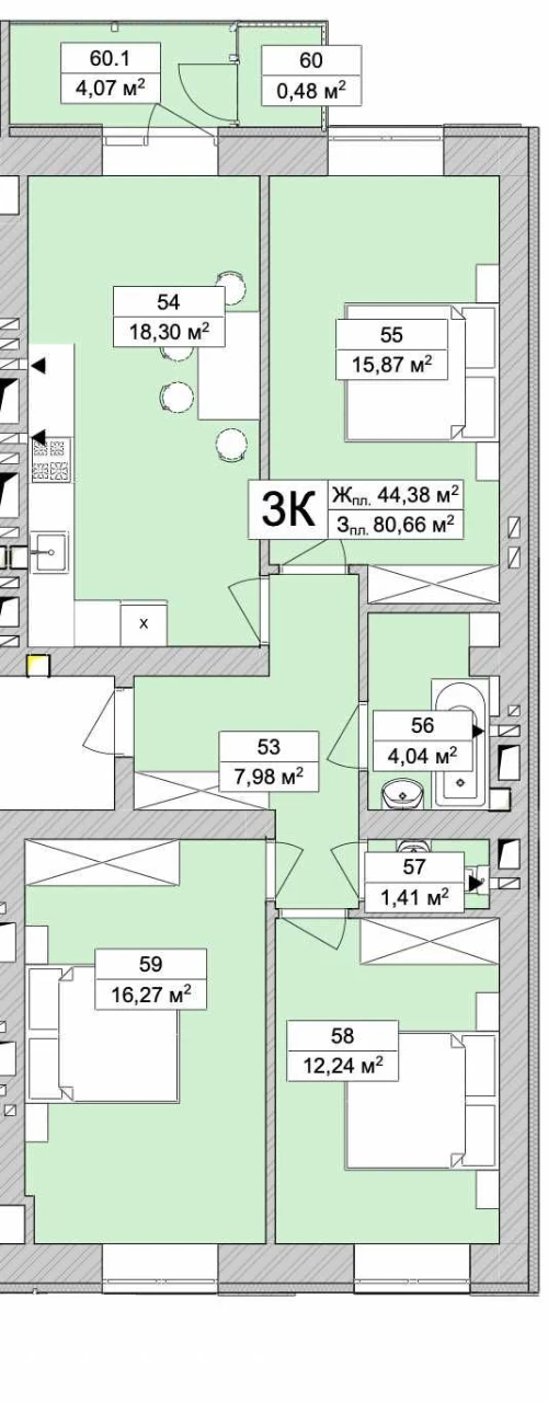 3-кімнатна квартира 80,6 м.кв. Атмосфера Лайф! Газ, 8 поверх