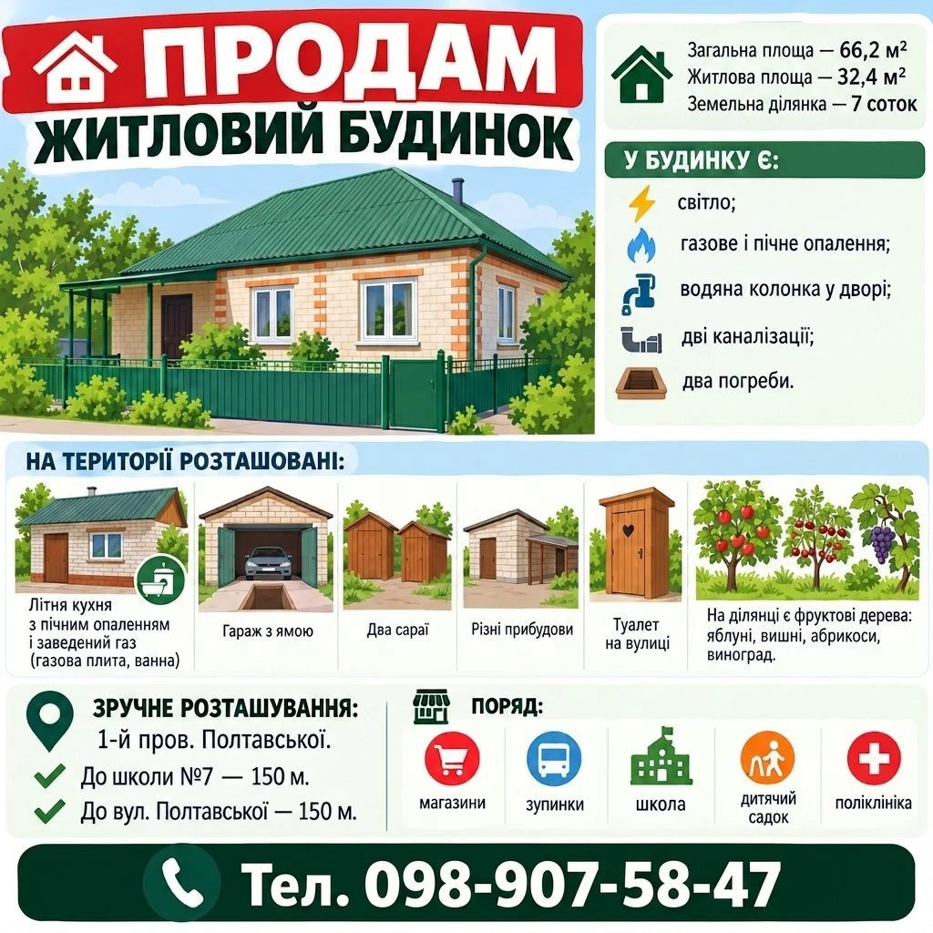 продам житловий будинок 66.2м із земельною ділянкою 7сот.