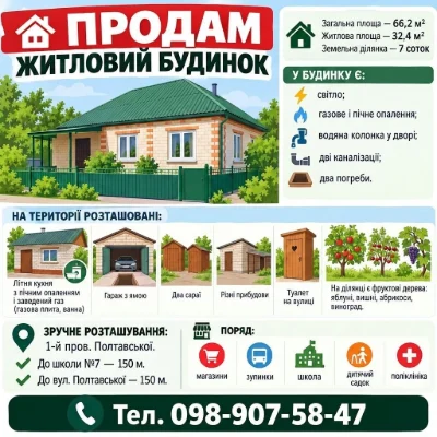 продам житловий будинок 66.2м із земельною ділянкою 7сот.