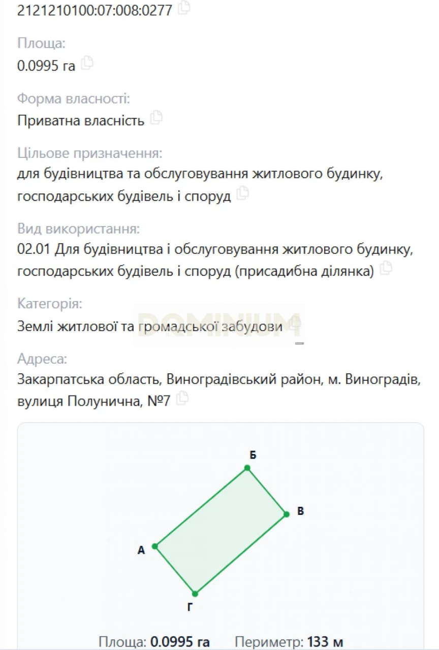 Продаж земельної ділянки м. Виноградів вул. Полунична 7