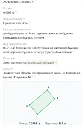 Продаж земельної ділянки м. Виноградів вул. Полунична 7
