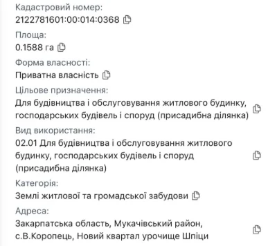 Ділянка 0,1588 га В. Коропець, ур. Шипці, біля Лісу, 17м шир