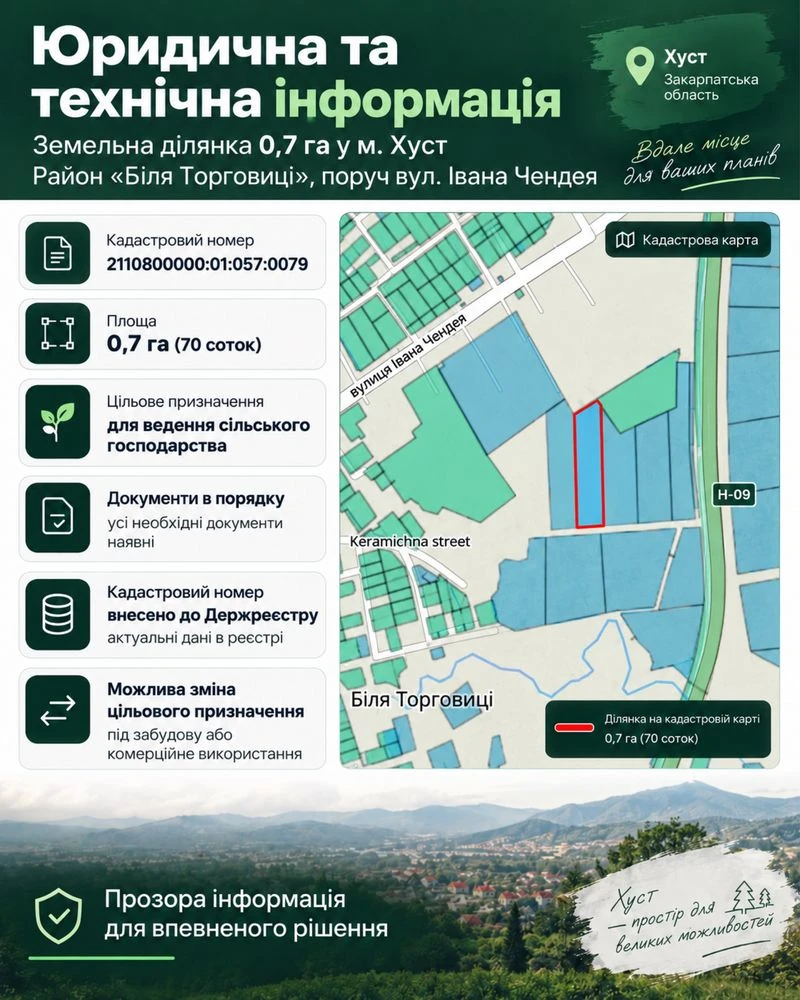 Продаж земельної ділянки м. Хуст 0.7 Га район «Біля Торговиц