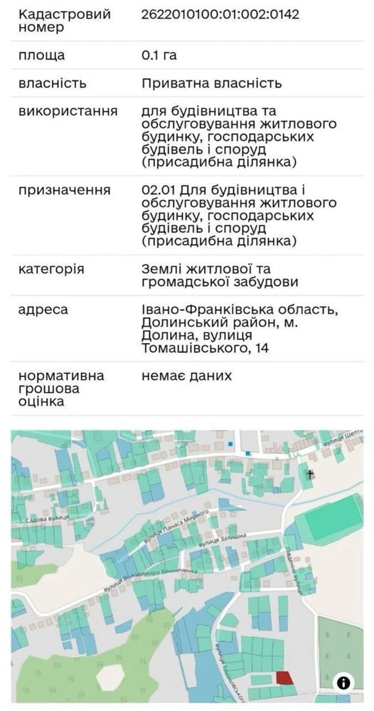 Земельна ділянка під будівництво ст. Долина 0.10 га