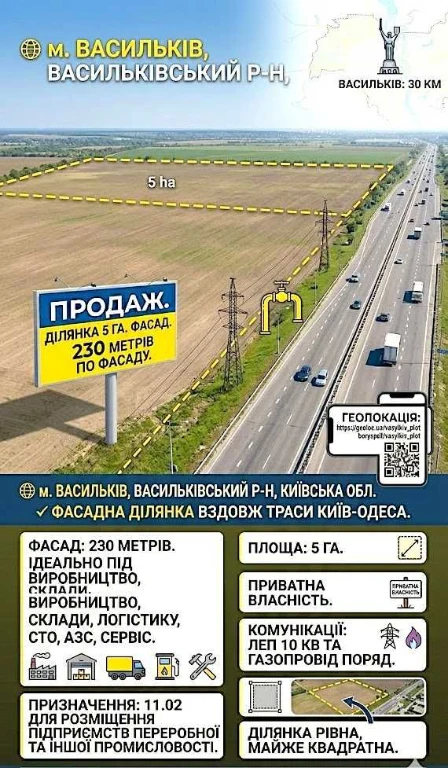 Продаєтся Фасадна земельна ділянка під комерцію вздовж траси