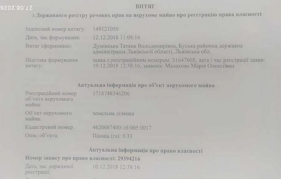 58сот. =170000 грвн. Вiд Львова 56км. Вiд Буська 4км.