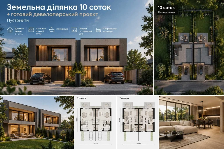 Ділянка 10 соток + готова концепція дуплексу 240 м² у Пустом