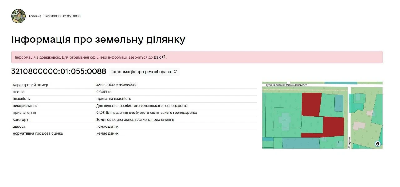 Ділянка 34,5 сотки по вул. Михайловського напроти Вікторія П