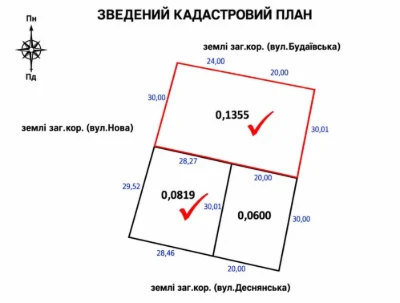 Продаж землі 21,74 сотки Боярка, Будаївська, тристоронній фа