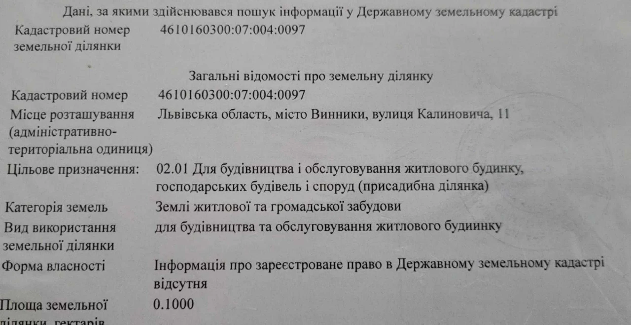 Продаж земельної ділянки під будівництво, Винники