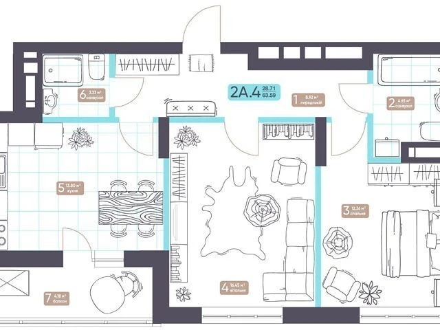 Sale of 2-room apartment 64.7 sq. m on Akademika Zabolotnogo St.