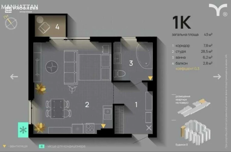 Продаж квартири в ЖК Manhattan 43 м² Поверх — 4