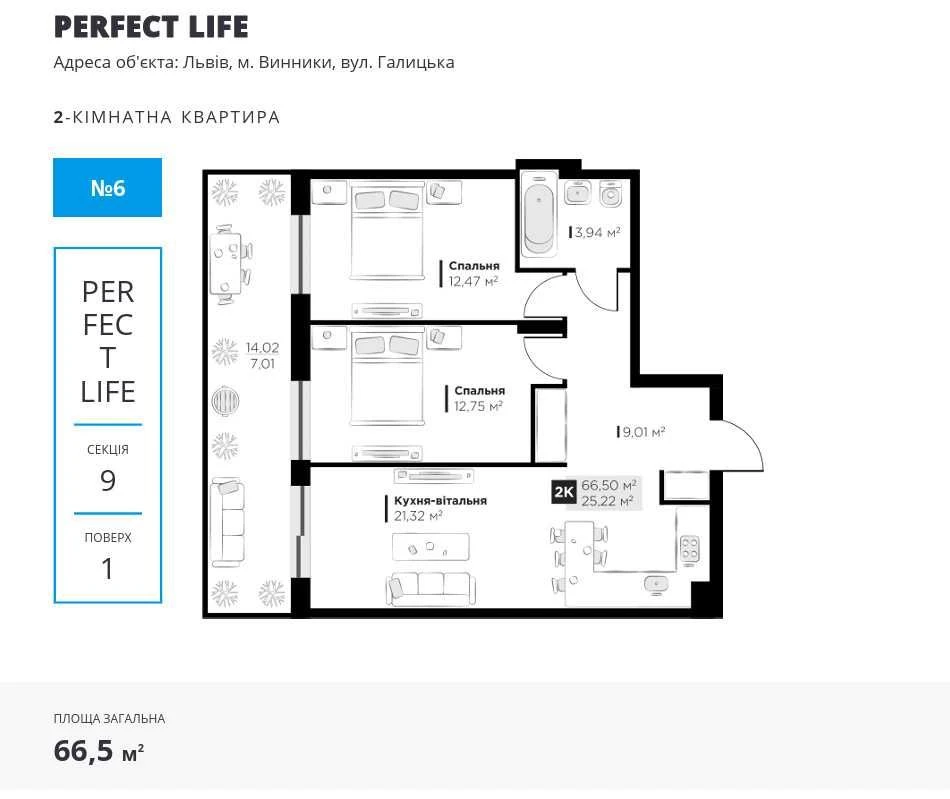 Продаж 2-кім картири в ЖК PERFECT LIFE з власним патіо.