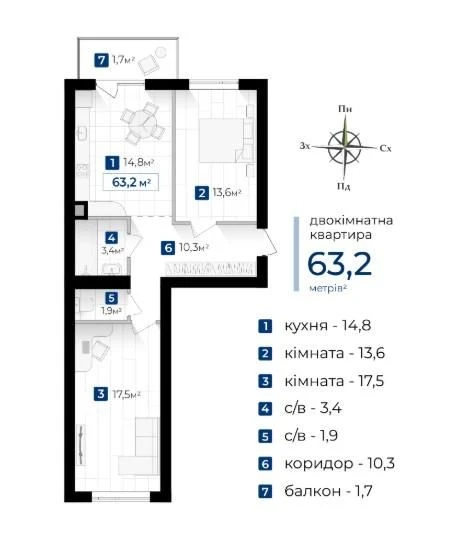 2-кімнатна квартира в ЖК «Містечко Південне» | 63,2 м²