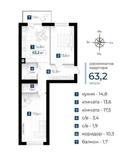 2-кімнатна квартира в ЖК «Містечко Південне» | 63,2 м²