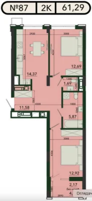 2-кім. квартира 61,3 м² у ЖК Плюс (Стрийська)