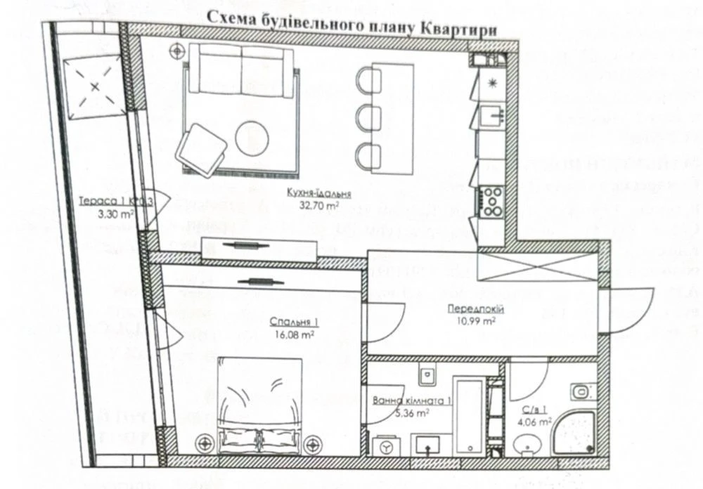 One-bedroom apartment for sale in the Rybalsky residential complex.