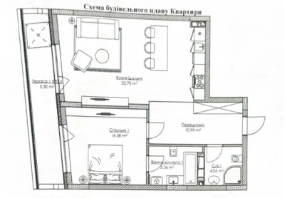 One-bedroom apartment for sale in the Rybalsky residential complex.