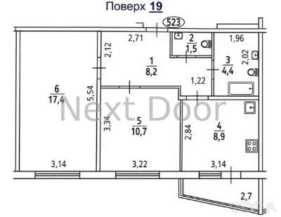 2-комнатная квартира, 53.7 м.кв.