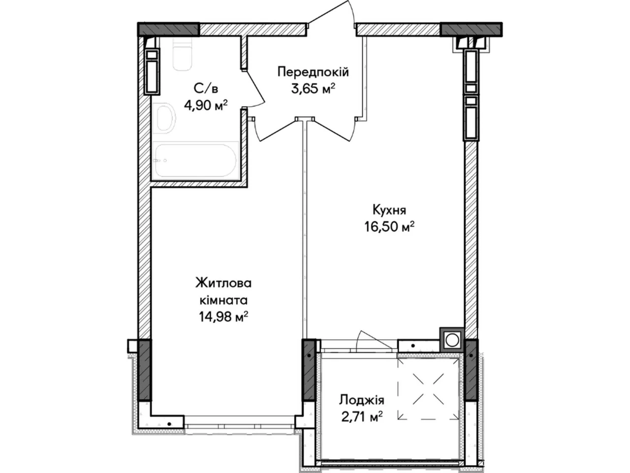 Однокімнатна квартира 43 м² в Ірпені, кухня 16,5 м², ідея ре
