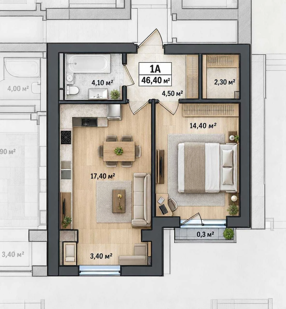 Offering for sale, affordable 1-room apartment, 46.4 m2.