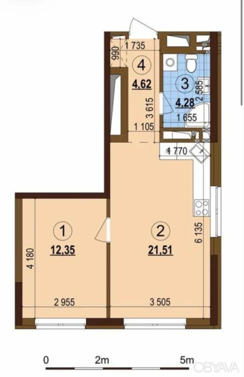 One-bedroom apartment, 42.74 sq.m