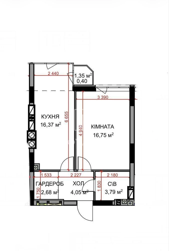 For Sale - 2-room apartment, 45 m² with documents! Gas, balcony, wardrobe
