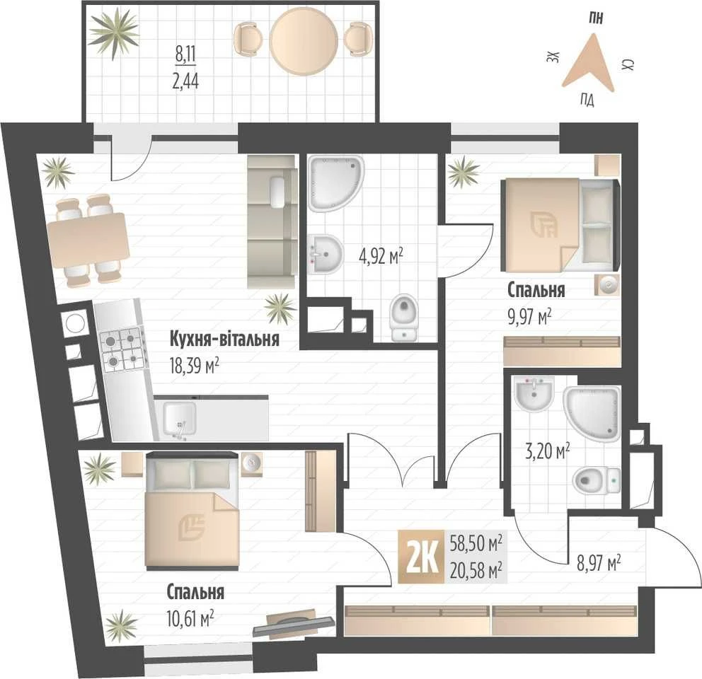 Sale of 2-room apartment in SOUL PARK, P. Orlyka 58.5 sq.m