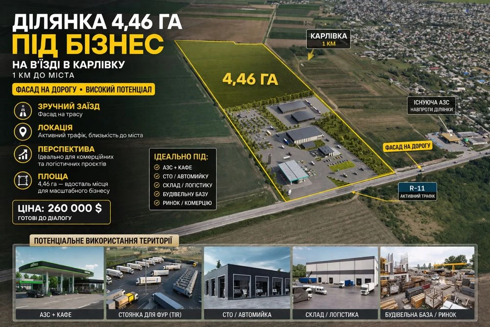 Ділянка 4,46 під СЕС/АЗС/логістику/бізнес.Фасад на трасу,вис