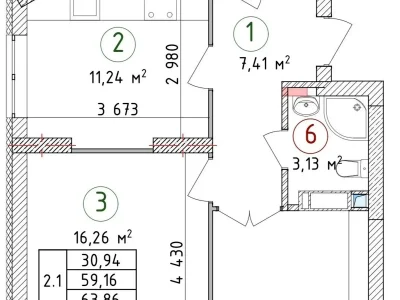 Sale of a 2-bedroom apartment, 64 sq m, 18/25 floor.