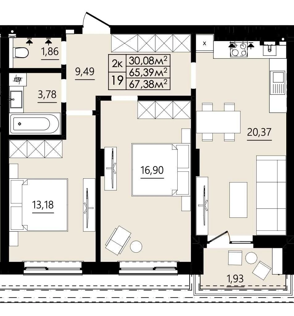 No Commission. Sale of a 2-bedroom apartment in a club building