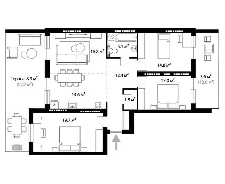3-кімнатна квартира 110,1 м² з ремонтом і двома терасами в У