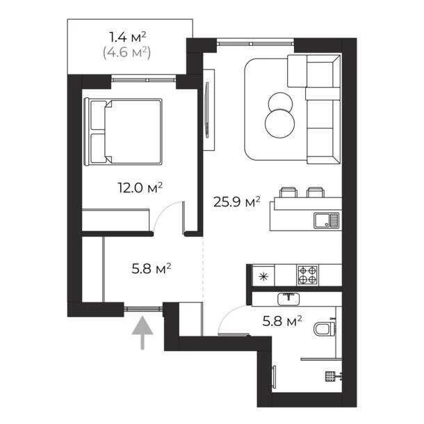 1-кімнатна квартира 50,9 м²  ЖК SHERWOOD  Клубний формат жит