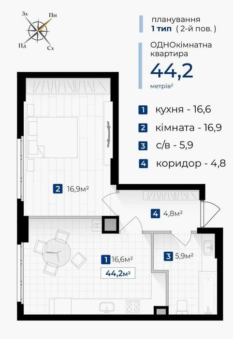 Однокомнатная квартира с индивидуальным отоплением.