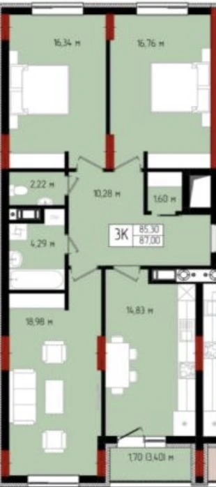 Большая 3к квартира 87 м² с подогревом полов и стяжкой / П